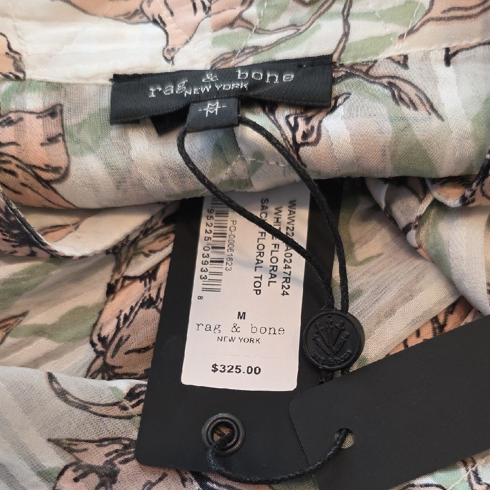 Rag & Bone Sachi Floral Lattice Blouse Green/White Women's Medium Boho Peasant - Picture 10 of 12
